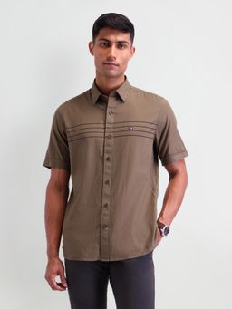 Arrow Sports - Stripes Taupe Half Sleeves Collar Neck Shirt
