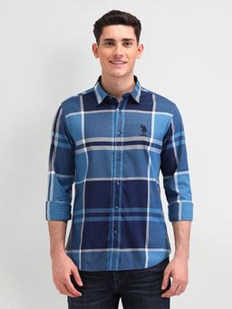 U.S. Polo Assn. Denim Co. - Checks Blue Full Sleeves Collar Neck Shirt