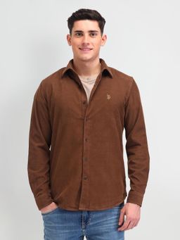 U.S. Polo Assn. Denim Co. - Textured Brown Full Sleeves Collar Neck Shirt