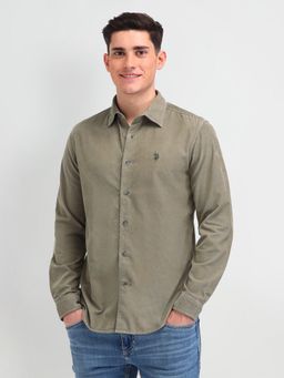 U.S. Polo Assn. Denim Co. - Textured Green Full Sleeves Collar Neck Shirt