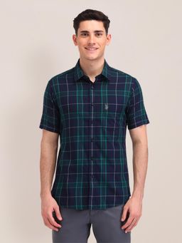 U.S. POLO ASSN. - Checks Navy Blue Half Sleeves Collar Neck Shirt