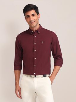 U.S. POLO ASSN. - Solid Maroon Full Sleeves Collar Neck Shirt