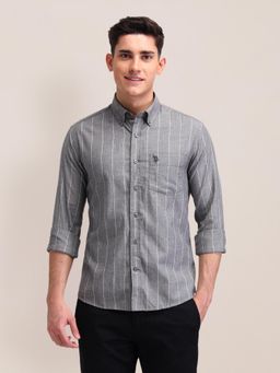 U.S. POLO ASSN. - Stripes Grey Full Sleeves Collar Neck Shirt