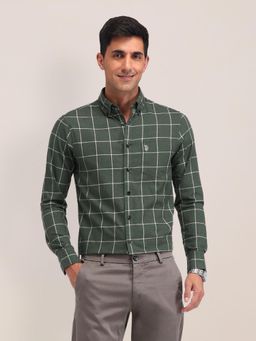 U.S. POLO ASSN. - Checks Olive Green Full Sleeves Collar Neck Shirt