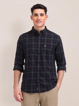 U.S. POLO ASSN. - Checks Navy Blue Full Sleeves Collar Neck Shirt