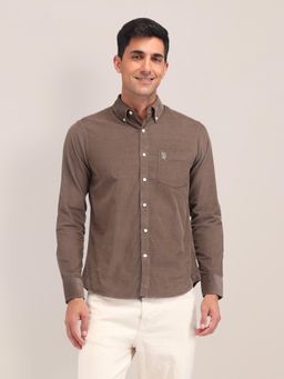 U.S. POLO ASSN. - Textured Brown Full Sleeves Collar Neck Shirt