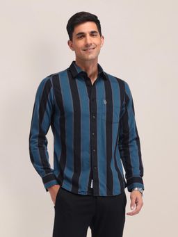 U.S. POLO ASSN. - Stripes Blue Full Sleeves Collar Neck Shirt