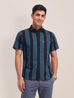 U.S. POLO ASSN. - Stripes Blue Half Sleeves Collar Neck Shirt