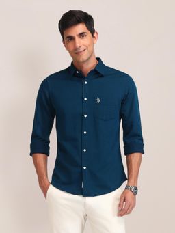 U.S. POLO ASSN. - Solid Teal Full Sleeves Collar Neck Shirt