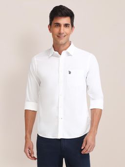 U.S. POLO ASSN. - Textured White Full Sleeves Collar Neck Shirt