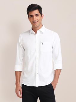 U.S. POLO ASSN. - Textured White Full Sleeves Collar Neck Shirt