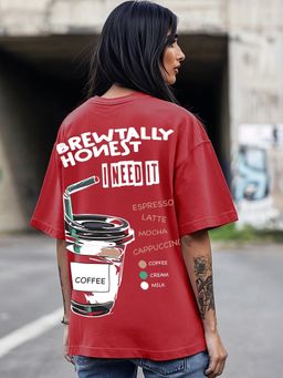 Bewakoof - Heavy Duty 1.0 Women's Salsa Red Coffee Time Graphic Printed Oversized T-shirt