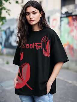 Bewakoof - Women's Jet Black Fool Kool Graphic Printed Oversized T-shirt