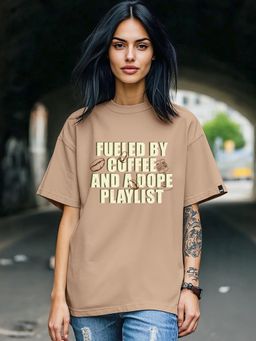 Bewakoof - Women's Warm Taupe Brown Coffee And Playlist Typography Oversized T-shirt