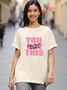 Bewakoof - Women's Beige Goals Typography Boyfriend T-shirt