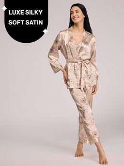 Nykd by Nykaa - Luxe Satin Cami Top, Pyjama & Belted Robe Set Of 3 Nys959 Beige