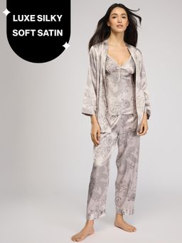 Nykd by Nykaa - Luxe Satin Cami Top, Pyjama & Belted Robe Set Of 3 Nys959 Grey