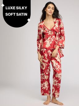 Nykd by Nykaa - Luxe Satin Cami Top, Pyjama & Belted Robe Set Of 3 Nys959 Red