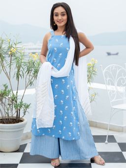 Lavanya The Label - Blue Cotton Printed Long Kurta And Palazzo (Set of 2)