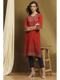 Biba - Womens Red Cotton Straight Kurta