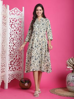 Rajnandini - Womens Beige and Grey Pure Cotton Floral Printed Dress
