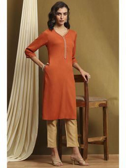 Biba - Womens Burnt Orange Solid Regular Fit Straight Kurta