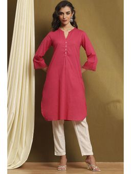 Biba - Womens Pink Cotton Blend Straight Kurta