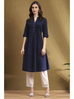 Biba - Womens Navy Blue Cotton Solid Pleated A-Line Kurta