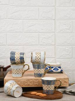 Femora - Fine Bone China Gold Pattern On Tea Cups - 160 Ml - Golden - 6 Pcs Set