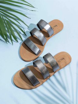 Inc.5 - Womens Pewter Casual Striped Open Toe Slip-On Flats