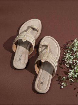 Inc.5 - Womens Beige Ethnic Embellished Open Toe Slip-On Flats