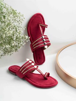 Inc.5 - Womens Maroon Ethnic Embellished Open Toe Slip-On Flats