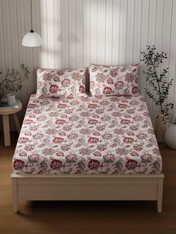 KOPA - Red Floral Cotton Bedsheet with 2 Pillow Covers (Double)