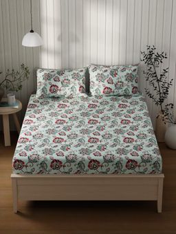 KOPA - Blue Floral Cotton Bedsheet with 2 Pillow Covers (Double)