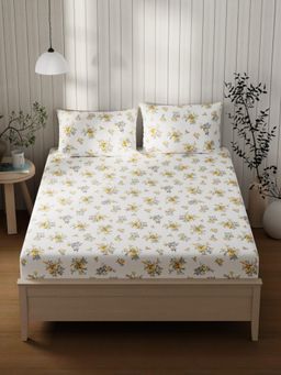 KOPA - Yellow Floral Cotton Bedsheet with 2 Pillow Covers (Double)