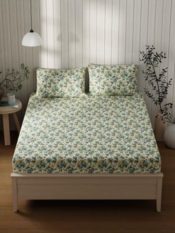 KOPA - Blue Floral Cotton Bedsheet with 2 Pillow Covers (Double)