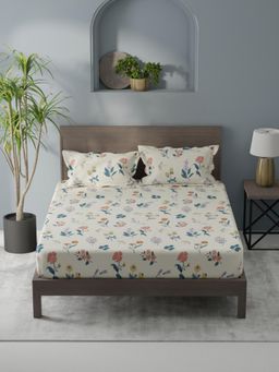KOPA - Cream Floral Micro Bedsheet with 2 Pillow Covers (Double)