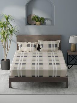 KOPA - Beige Checks Micro Bedsheet with 2 Pillow Covers (Double)