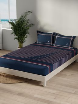 Nautica - Navy Blue Stripe Satin Cotton Bedsheet with 2 Pillow Covers (King)