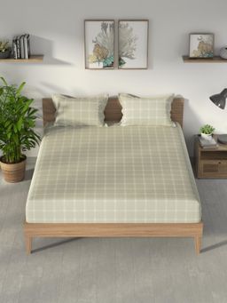 Nautica - Olive Checks Cotton Fitted Bedsheet with 2 Pillow Covers (King)