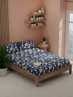 KOPA - Navy Blue Floral Micro Bedsheet with 2 Pillow Covers (Double)