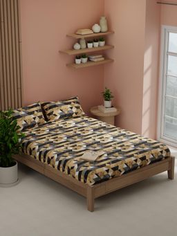 KOPA - Brown Geometric Micro Bedsheet with 2 Pillow Covers (Double)