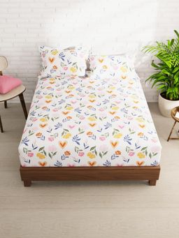 KOPA - White Floral Micro Bedsheet with 2 Pillow Covers (Double)