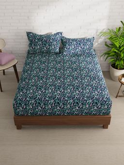 KOPA - Navy Blue Floral Micro Bedsheet with 2 Pillow Covers (Double)