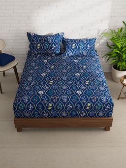 KOPA - Navy Blue Floral Micro Bedsheet with 2 Pillow Covers (Double)