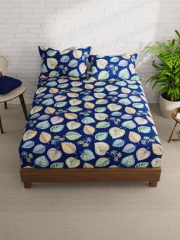 KOPA - Navy Blue Floral Micro Bedsheet with 2 Pillow Covers (Double)
