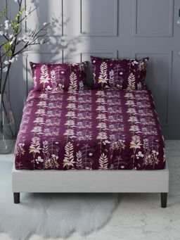 KOPA - Purple Floral Micro Fabric Fitted Bedsheet with 2 Pillow Covers (King)
