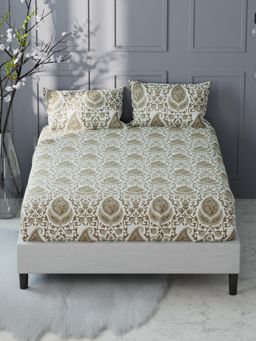 KOPA - White Ethnic Micro Fabric Fitted Bedsheet with 2 Pillow Covers (King)