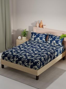 KOPA - Navy Blue Floral Micro Fabric Bedsheet with 2 Pillow Covers (Double)
