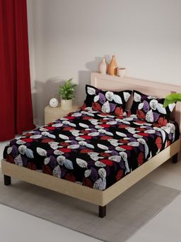 KOPA - Black Floral Micro Fabric Bedsheet with 2 Pillow Covers (Double)